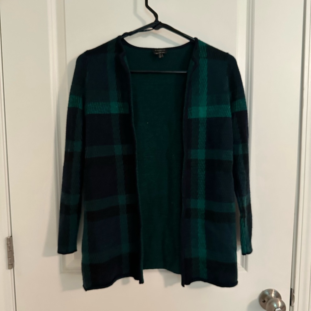 Talbots Women’s Petite Plaid Open Front Cardigan Sweater 100% Merino Wool Green